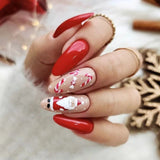 Xpoko 2024 Snowman Christmas Fake Nails Square Head Red Glossy Artificial Nail Patch Snowflake Pattern Press on Nail Tips for Girls