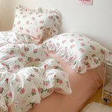 Xpoko Cute Floral Duvet Cover Set Ins Korean Style with Flat Sheet Pillowcase No filler Washed Cotton Queen Full Twin Home Bed Linen