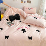 Xpoko Korean Girls' Bed Set Ins Butterfly Embroidered Duvet Cover Washed Cotton Quilt Cover Bed Sheets Solid Color Bed Linens Bedroom