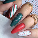 Xpoko 2024 Snowman Christmas Fake Nails Square Head Red Glossy Artificial Nail Patch Snowflake Pattern Press on Nail Tips for Girls