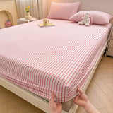 Xpoko Pink Striped Fitted Sheets for Kids Girls Simple White Stripe Bedding Sets Farmhouse Ticking Stripes Women Fitted Sheet Decor