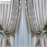 Xpoko French Luxury Gray Velvet Lace Stitching Tassel Blackout Curtain For Living Room American Retro Villa Bedroom Drapes Custom