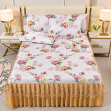 Xpoko European Luxury Bed Skirts Ice Silk Mat Skirt with Lace Macrame Queen Floral Sheet Bedspread Soft Bedding for Elegant Home Decor