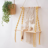 Xpoko DIY Handmade Tassel Macrame Tapestry Wall Hanging Shelf Boho Cotton Rope Woven Plant Hanger Wood Floating Shelf Wall Decor