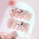 Xpoko 24PCS Fake Nails 3D Rabbit Star Rhinestone Designs White Blue Color Press on Nails Ballerina False Nails for Women DIY Manicure