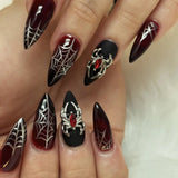 Xpoko 24pcs Halloween Fake Nails Black Red Gradient False Nails Dark Halo Wave Artificial Nails Wearable Long Stiletto Nail with Glue