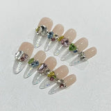 Xpoko 10pcs detachable Long stiletto almond false nails aurora sweet cool fake nails with 3D butterfly love full cover press on nails