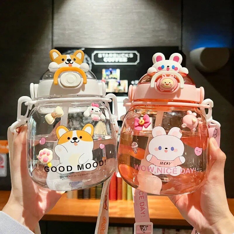 Xpoko Cute Dog Water Bottles For Girls Boys With Straw Summer Large Capacity Juice Milk Bubble Tea School Sport Drinking Cup BPA Free