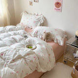 Xpoko Cute Floral Duvet Cover Set Ins Korean Style with Flat Sheet Pillowcase No filler Washed Cotton Queen Full Twin Home Bed Linen