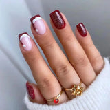 Xpoko 2024 Snowman Christmas Fake Nails Square Head Red Glossy Artificial Nail Patch Snowflake Pattern Press on Nail Tips for Girls