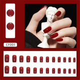 Xpoko 24pcs/Set Gorgeous Wine Red False Nails With Glue Middle Long Round Head Full Nail Tips Finished Fake Nail artificial nails