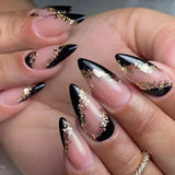 Xpoko 24Pcs Long Stiletto Press on Nails Box Acrylic False Nails with Almond Designs Black Gold Foil French Full Cover Fake Nail Tips