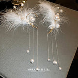 Xpoko Lizakosht Unique Long White Feather Pearl Tassel Earrings for Women Creative Clip-On Party Jewelry No Piercing