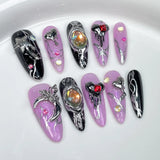 Xpoko 10pcs detachable Long stiletto almond false nails aurora sweet cool fake nails with 3D butterfly love full cover press on nails