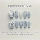 Xpoko 10pcs Luxury Handmade Press On Nails, Haze Blue Medium Coffin Fake Nails With 3D Angel, Rose And Bow Design