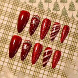 Xpoko 24pcs Shiny Red Press on Nail Christmas Snowflake Stripe Printed Fake Nail Tips Wearable Full Cover Almond Fake Nail Patch