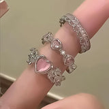 Xpoko Y2K Purple Crystal Irregular Heart Rings Set for Women Kpop Creative Heart Geometric Open Ring Punk Vintage Fashion Jewely Gifts