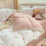 Xpoko Romantic Tulip Pink Bedding Set Bed Flat Sheet Pillowcase Twin Full Queen Bed Linen Kids Girls Floral Duvet Cover No Filling