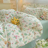 Xpoko Cute Floral Duvet Cover Set Ins Korean Style with Flat Sheet Pillowcase No filler Washed Cotton Queen Full Twin Home Bed Linen