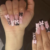 Xpoko 24Pcs Long Square Press on Nails Flame Hot Girl Coffin False Nails Pink French Fake Nails Wearable Full Cover Acyrlic Nail Tips