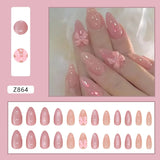 Xpoko 24pcs Korean Sweet False Nails Pink Bow Design Glossy Press on Nails Wearable Detachable Almond Fake Nail Tips For Girls Lady