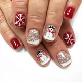 Xpoko 24pcs Christmas Press-On Nails Short Square Glittery Snowman&Snowflake Design Festive Red&Golden False Nails For Women And Girls