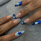 Xpoko 24Pcs Long Stiletto False Nail with Rhinestone Silver Star Design Fake Nails Wearable Almond Press on Nails Full Cover Nail Tips