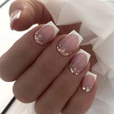 Xpoko 24pcs Short Square Fake Nails with Glitter French Designs Press on Nails Acrylic Short Pink Nails Wearable Full Cover Nail Tips