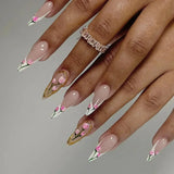 Xpoko 24Pcs Short Round Head Almond Fake Nails with Flowers Grass Pattern Wearable False Nails Tips Summer Full Cover Press on Nails