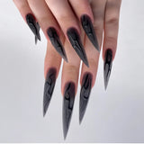 Xpoko 24pcs Halloween Fake Nails Black Red Gradient False Nails Dark Halo Wave Artificial Nails Wearable Long Stiletto Nail with Glue