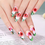 Xpoko 24Pcs Short Round Head Pink Fake Nails with Rose Flowers leaf Pattern Wearable Almond False Nail Full Cover Press on Nails Tips