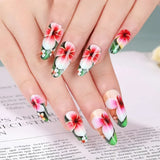 Xpoko 24Pcs Short Round Head Pink Fake Nails with Rose Flowers leaf Pattern Wearable Almond False Nail Full Cover Press on Nails Tips