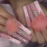 Xpoko 24pcs wearable Square head Ballerina french pink false nails with glue full cover fake nails press on long Acrylic Manicure Tips 0518