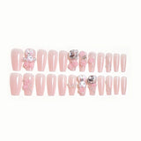 Xpoko 24PCS Fake Nails 3D Rabbit Star Rhinestone Designs White Blue Color Press on Nails Ballerina False Nails for Women DIY Manicure