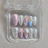 Xpoko 10pcs Handmade Press on Nails 3D Colorful Aurora Butterfly Design Fake Nails Wearable Shiny French Almond False Nails with Box