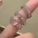 Xpoko 3 Pcs/set Love Heart Rings For Women Girls Light Luxury Rhinestone Opening Ring Sweet Finger Ring Wedding Party Accessories