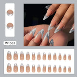 Xpoko 24Pcs Long Stiletto False Nails with Almond Design Purple Wave Line French Fake Nail Full Cover Press on Nail Wearable Nail Tips