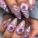 Xpoko 24Pcs Short Round Head Pink Fake Nails with Rose Flowers leaf Pattern Wearable Almond False Nail Full Cover Press on Nails Tips