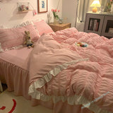 Xpoko Pink Ruffled Seersucker Duvet Cover Set 3/4pcs Soft Lightweight Down Alternative Grey Bedding  with Bed Skirt and Pillowcases