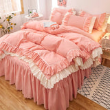 Xpoko Pink Lace Ruffle Bedding Set Luxury Bed Skirt Sheet Bedspread Korean Duvet Cover Girls Princess Bedspread Pillowcases