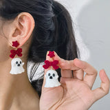 Xpoko Christmas Gifts Cute Resin Ghost Drop Earrings for Women Red Bowknot Star Ghost Earring Christmas Halloween Festival Party Jewelry Accessories