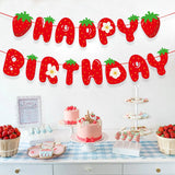 Xpoko 1set Strawberry Disposable Tableware Paper Birthday Banners Candy Bags for Kids Strawberry Birthday Party Decoration Supply