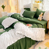 Xpoko Romantic Princess Green Lace Quilt Cover Set Girls Woman Solid Color Bed Skirt Sheet Decor Bedroom Home Textiles