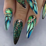 Xpoko 24Pcs Green Press on Fake Nails Glitter Cool False Nails Sequins Snake Print Artificial Nails Wearable Almond Stiletto Nail Tips