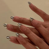 Xpoko 24pcs stiletto Short almond false nails hot girls y2k designs fake nails press on French ballet 3D charms Silver decorated nail