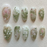 Xpoko 24pcs Orchid Sweet Fake Nails Sweet Cool Ins Style Wearing False Nails Wearable Full Cover Fairy Flowers Almond Press on Nails