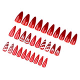 Xpoko 24pcs Shiny Red Press on Nail Christmas Snowflake Stripe Printed Fake Nail Tips Wearable Full Cover Almond Fake Nail Patch