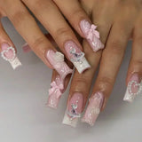 Xpoko 24Pcs Extra Long Ballet False Nails with frog print strawberry Designs Wearable Pink French Press on Nails Acrylic Fake Nail Tip