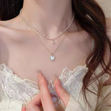 Xpoko 2023 New Fashion Trend Light Luxury Elegant Delicate Pearl Double Layer Heart Necklace Ladies High Jewelry Party Gifts Wholesale