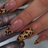 Xpoko 24pcs Leopard Print Fake Nails with Glue Almond Acrylic Press on False Nails Gold Lines French Nail Tips Sweet Cool Autumn Nails